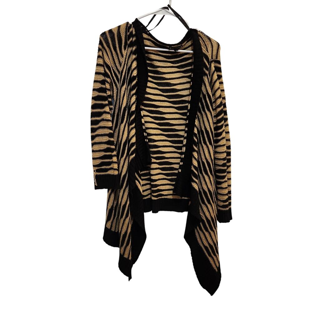 Miss Daisy Too Tan Black Striped Open Front Asymmetrical Cardigan Sweater Sz 1XL